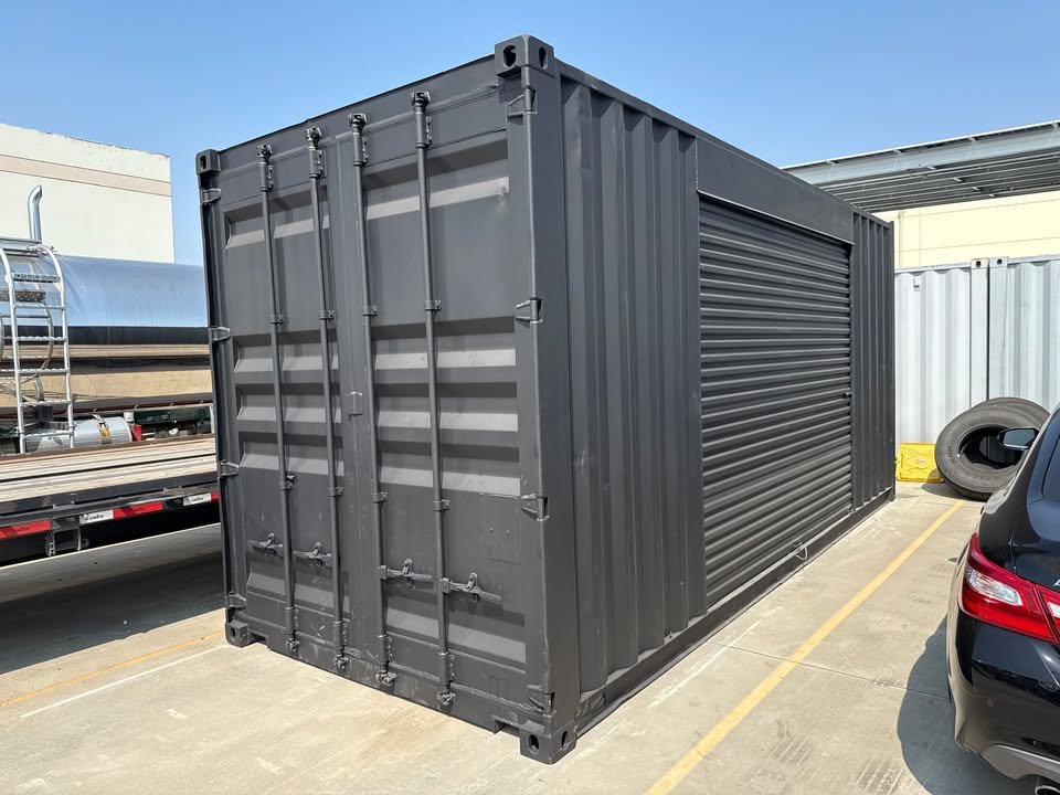20ft Used Shipping Container Matte Black with 12ft Side Roll-Up Door